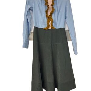 Bigoschi Elegant Blue Green Ruffle A-Line Dress Fancy midi holiday